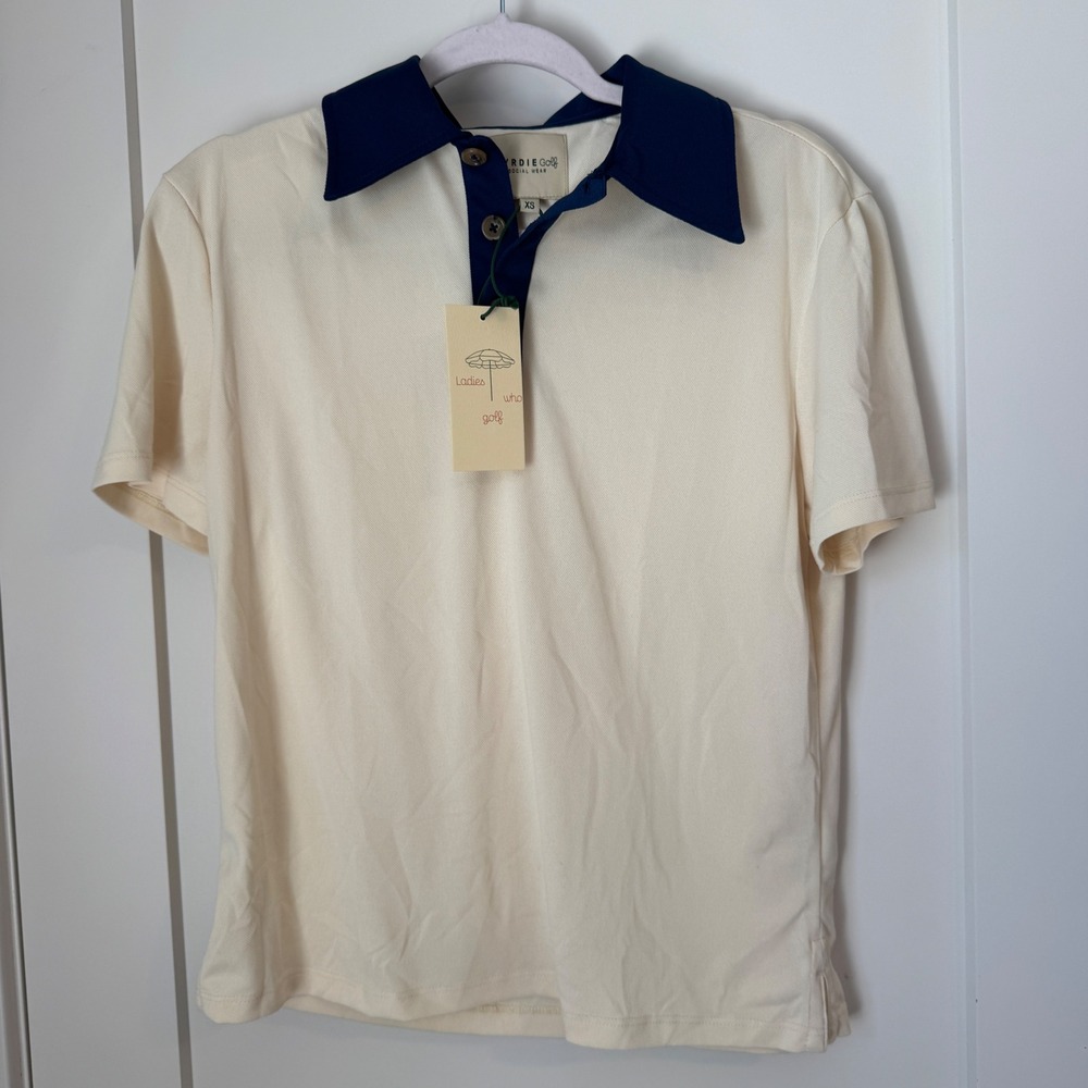 Byrdie Golf Social Wear Womens XS Polo Shirt Cream Navy Blue Short Sleeve NWT‎